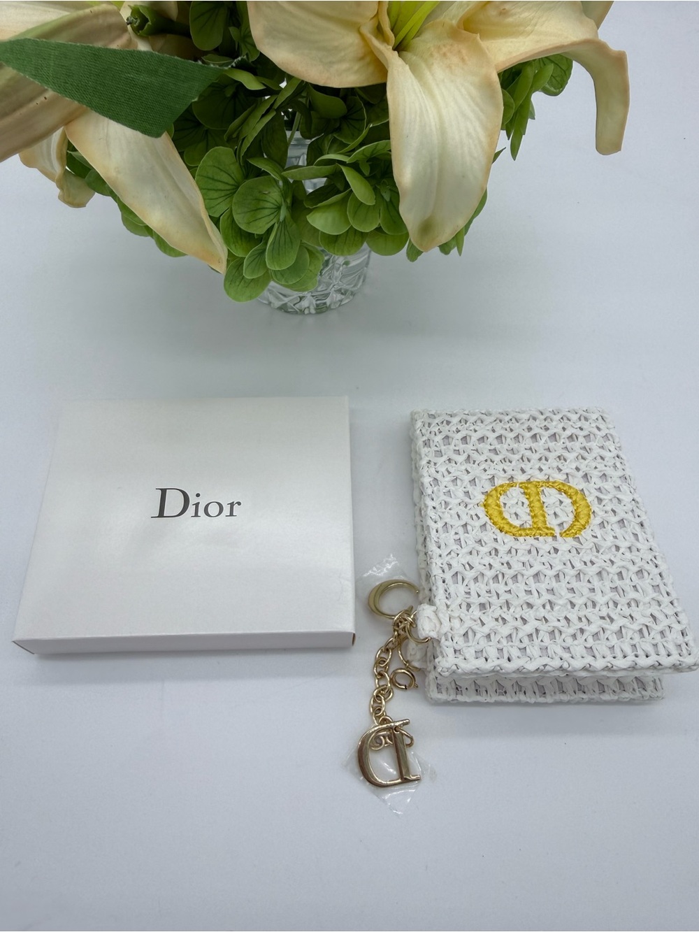 Dior Mirror White Raffia with CD Logo Charms and Keychain 4.5” * 3.5”